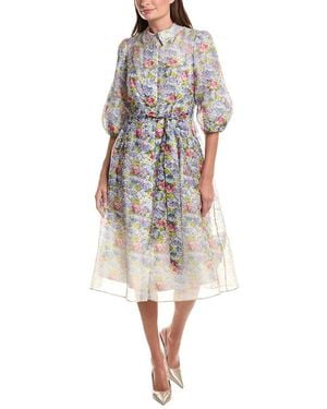 Teri Jon Print 3/4-Sleeve Silk & Linen-Blend Shirtdress - White