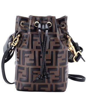 Fendi Zucca Embossed Leather Mon Tresor Bucket Bag Mini (Authentic Pre- Loved) - Black