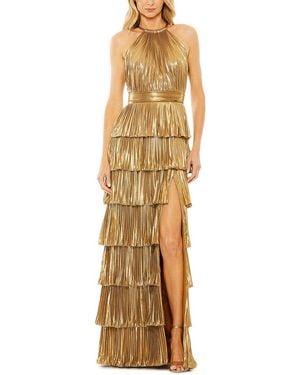 Mac Duggal High Neck Heat Pleated Tiered Ruffle Metallic Gown