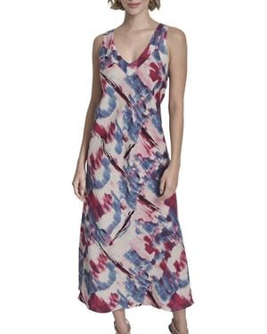 DKNY Printed V-Neck Linen Midi Dress - Purple