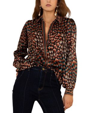 Hale Bob Vada Long Sleeve Woven Silk Blouse - Brown