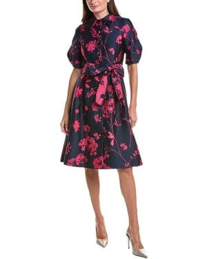 Teri Jon Jacquard Puff Sleeve Floral Silk-Blend Shirtdress - Red