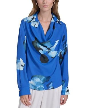 Halston Printed Cowl Neck Top - Blue