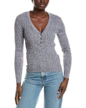 Minnie Rose Cashmere-Blend Rib Marled Henley Cardigan - Blue