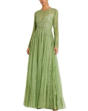 Mac Duggal Beaded Mesh Illusion High Neck A Line Gown - Green