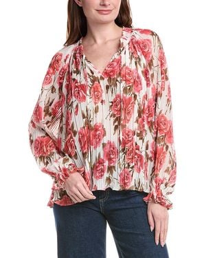 Philosophy Smocked Tie Neck Printed Plisse Blouse - Red