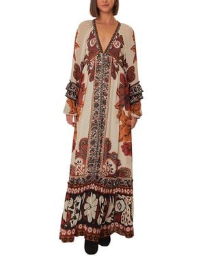 FARM Rio Winter Tapestry Sand V Neckline Long Sleeve Maxi Dress - Brown