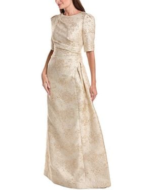 Teri Jon Metallic Jacquard Side Drape Gown - Natural