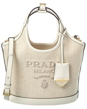 Prada Logo Canvas & Leather Tote - Natural