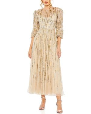 Mac Duggal Beaded Long Sleeve Midi Dress - Natural