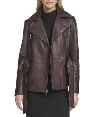 Andrew Marc Belted Leather Moto Jacket - Brown