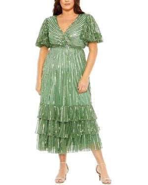 Mac Duggal Plus Beaded Faux Wrap Flutter Sleeve Ruffle Dress - Green