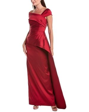 Teri Jon Stretch Gazar Asymmetrical Neck Ruched Peplum Gown - Red