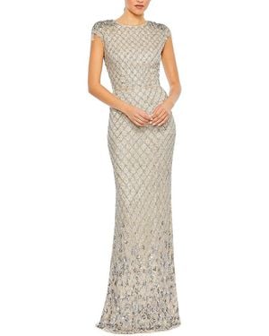 Mac Duggal Embellished Crystal Cap Sleeve Column Gown - White