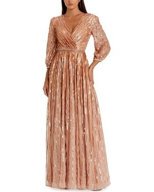 Mac Duggal Sequined Wrap Over 3/4 Sleeve Gown - Brown