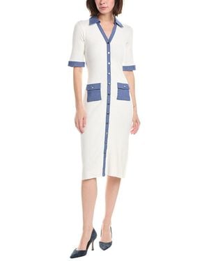 Tahari Elbow Sleeve Split Neck Rib Dress - White
