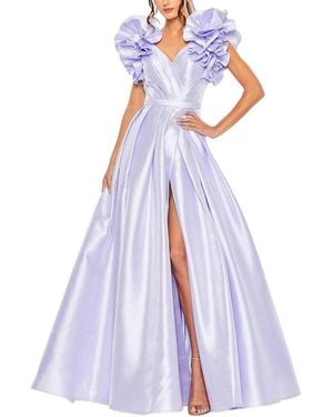 Mac Duggal Flutter Sleeve V Neck Front Slit Ball Gown - Blue