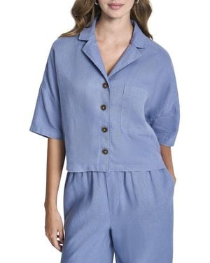 DKNY Convertible Collar Linen Shirt - Blue