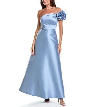 Teri Jon Mikado Flower One-Shoulder Bead Applique Gown - Blue