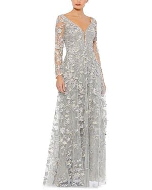 Mac Duggal Floral Applique Long Sleeve Illusion Gown - Grey