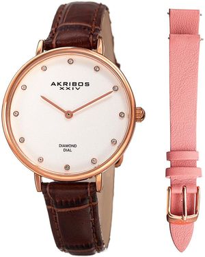 Akribos Xxiv Diamond Watch & Leather Strap Set - Pink