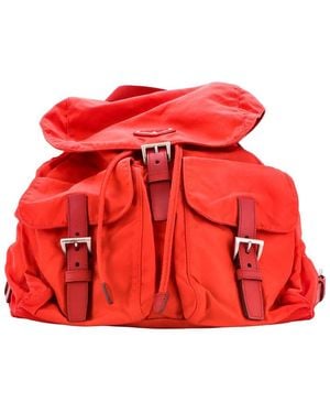 Prada Tessuto Double Pocket Buckle Backpack Medium (Authentic Pre-Loved) - Red