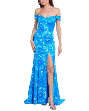 Rene Ruiz Off-The-Shoulder Folded Neckline Gown - Blue