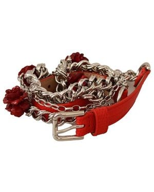 Dolce & Gabbana Leather Roses Floral Waist Belt - Red