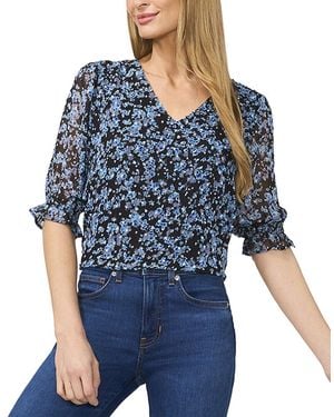 Cece Elbow Sleeve Ruff V-Neck Blouse - Blue