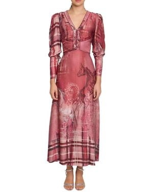 Marchesa Wild Heart Tartan Printed Midi Dress - Red