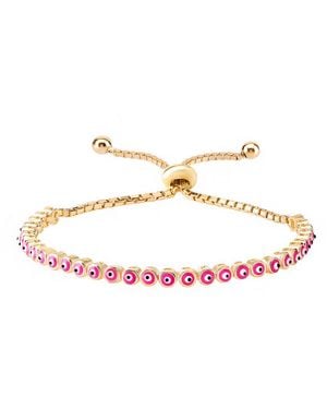 Gabi Rielle Gold Over Silver Neon Pink Enamel Evil Eye Bracelet - White