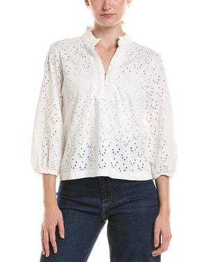 NIC+ZOE Petite Knit Eyelet Ruffle Neck Top - White