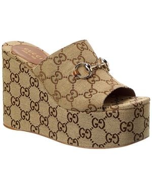 Gucci Horsebit Gg Canvas Wedge Sandal - Brown