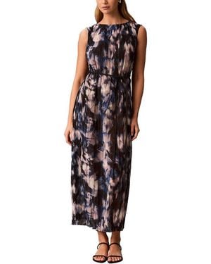 Calvin Klein Belted Pleated Boat Neck Long Midi Dress - Black