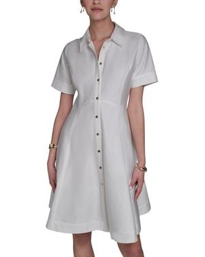 Halston Short Sleeve Button-Up Sateen Shirtdress - Gray