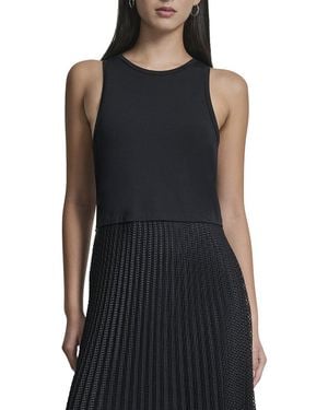 DKNY Mix Media Pleated Windowpane Dress - Black