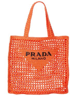 Prada Logo Woven Raffia Tote - Red