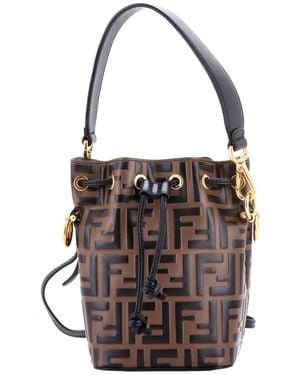 Fendi Zucca Embossed Leather Mon Tresor Bucket Bag Mini (Authentic Pre- Loved) - Brown