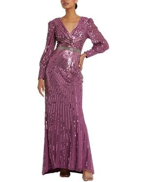 Mac Duggal Sequined Wrap Over Bishop Sleeve Gown - Purple