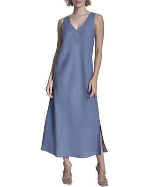 DKNY V-Neck Panel Linen Dress - Blue