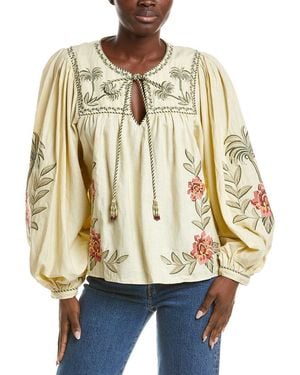 FARM Rio Linen-Blend Tropical Flower Embroidered Sand Blouse - Natural