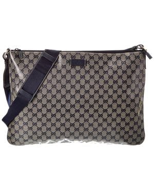 Gucci Canvas & Leather Wide Flat Messenger (Authentic Pre-Loved) - Grey