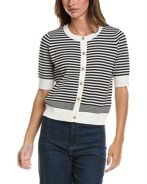 Adrianna Papell Crewneck Button Down Striped Textured Cardigan - Black