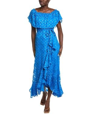 Maison Tara Clip Chiffon With Foil Short Sleeve Midi Dress - Blue