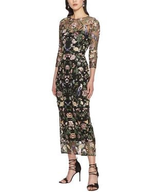 Marchesa Long Botanical Embroidered Midi Dress - Metallic