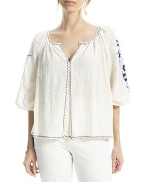 Max Studio Embroidered V-Neck Ballon Sleeve Blouse - White