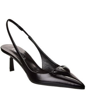 Prada Logo Leather Pointy-Toe Slingback Pump - Black