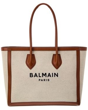 Balmain Logo Medium Leather & Canvas Tote - Brown