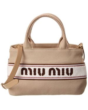 Miu Miu Flocked Canvas Top Handle Tote Bag - Brown