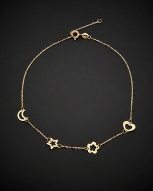 Italian Gold 14k Heart-flower- Star-moon Station Adjustable Length Anklet - Black